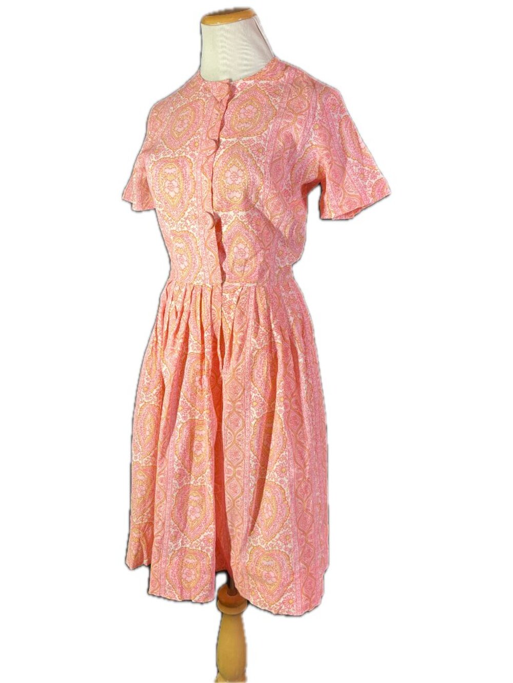 Vintage 1960s Jeanne Size 12 Paisley Dress Short Sleeve Button-Front